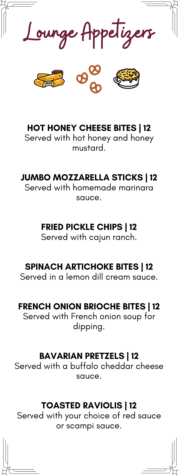 A menu for a restaurant called lounge appetizers
