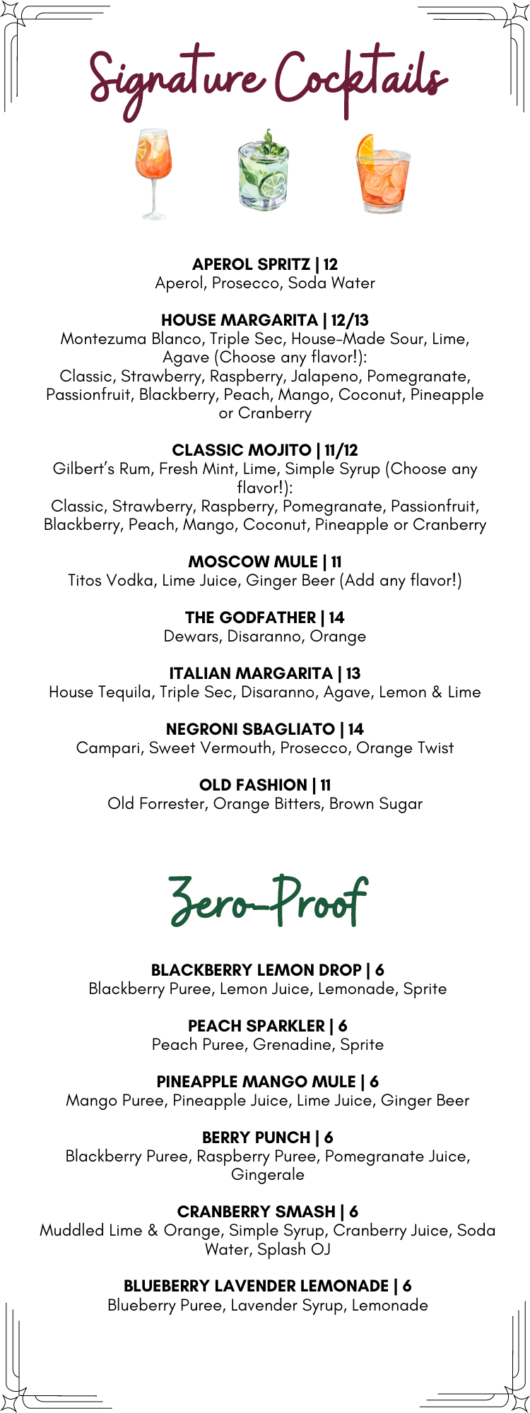 A menu for a restaurant with signature cocktails and zero proof.