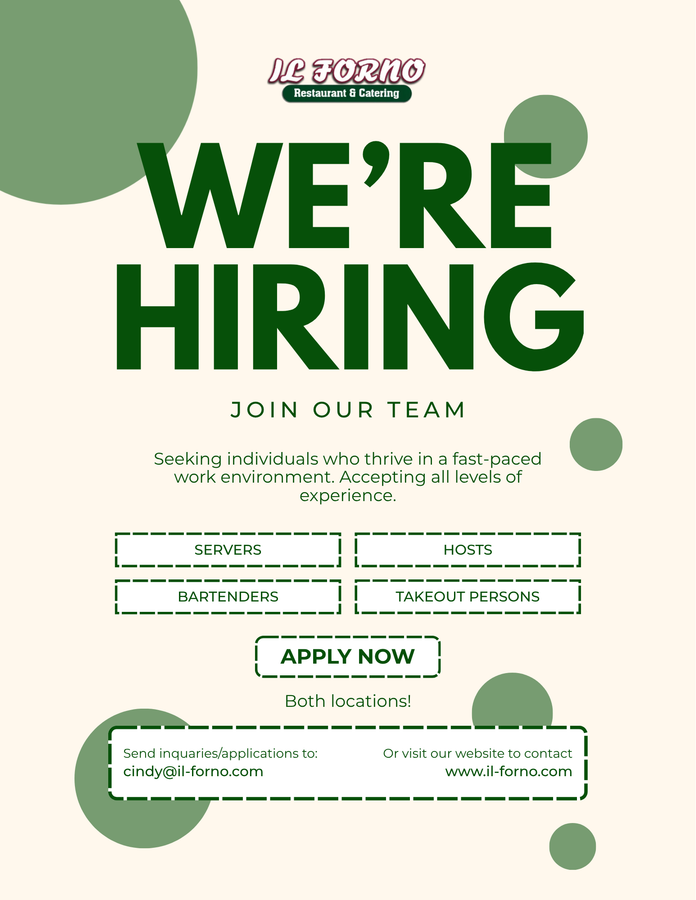 Green “We’re Hiring” poster for a school store, with job roles, duties, and an “Apply Now” button.