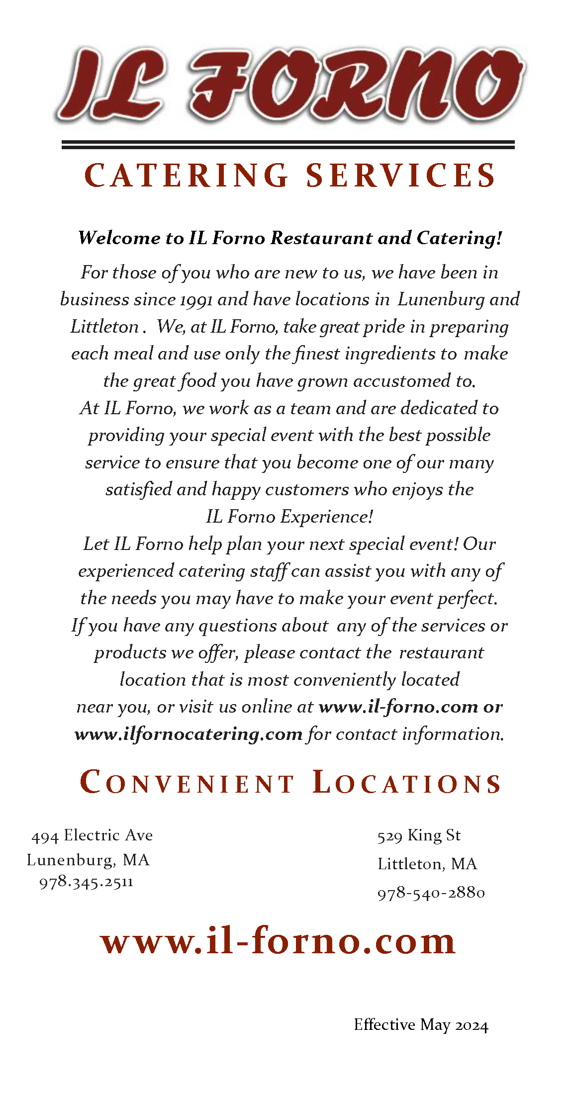 A flyer for il forno catering services is displayed on a white background.