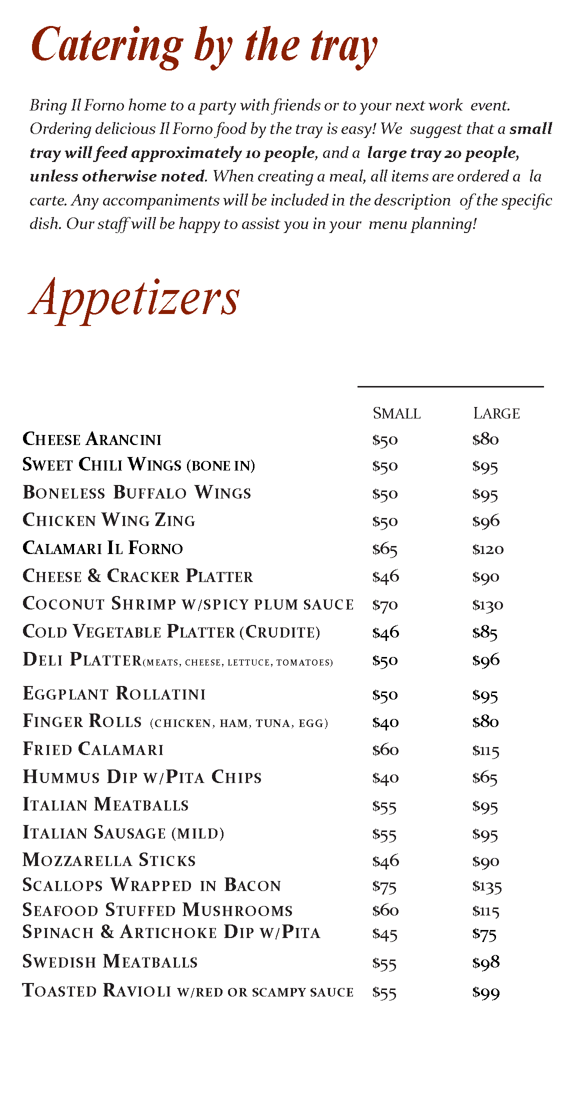 A menu for catering by the tray and appetizers