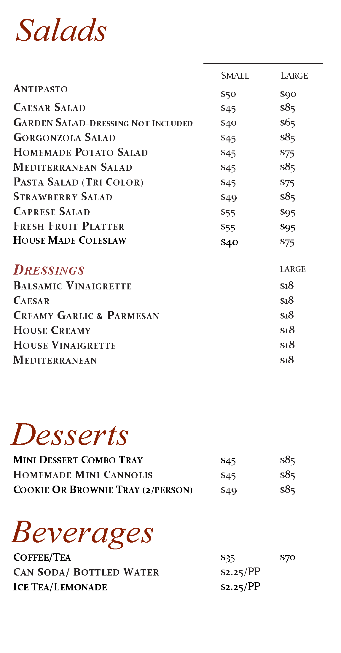 A menu for a restaurant shows salads , desserts , and beverages.