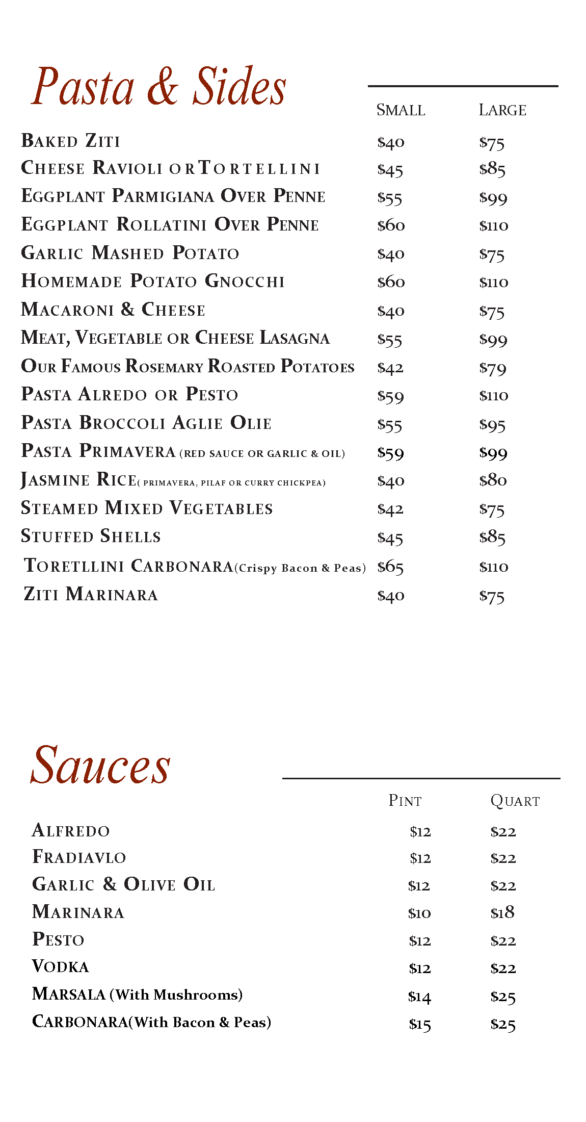 A menu for a restaurant shows a list of pasta and sides and sauces.