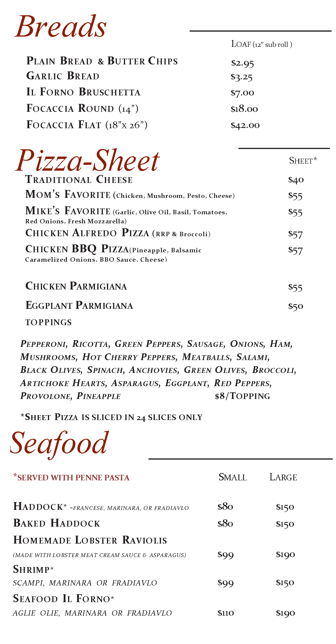 A menu for a restaurant shows breads pizza sheet and seafood