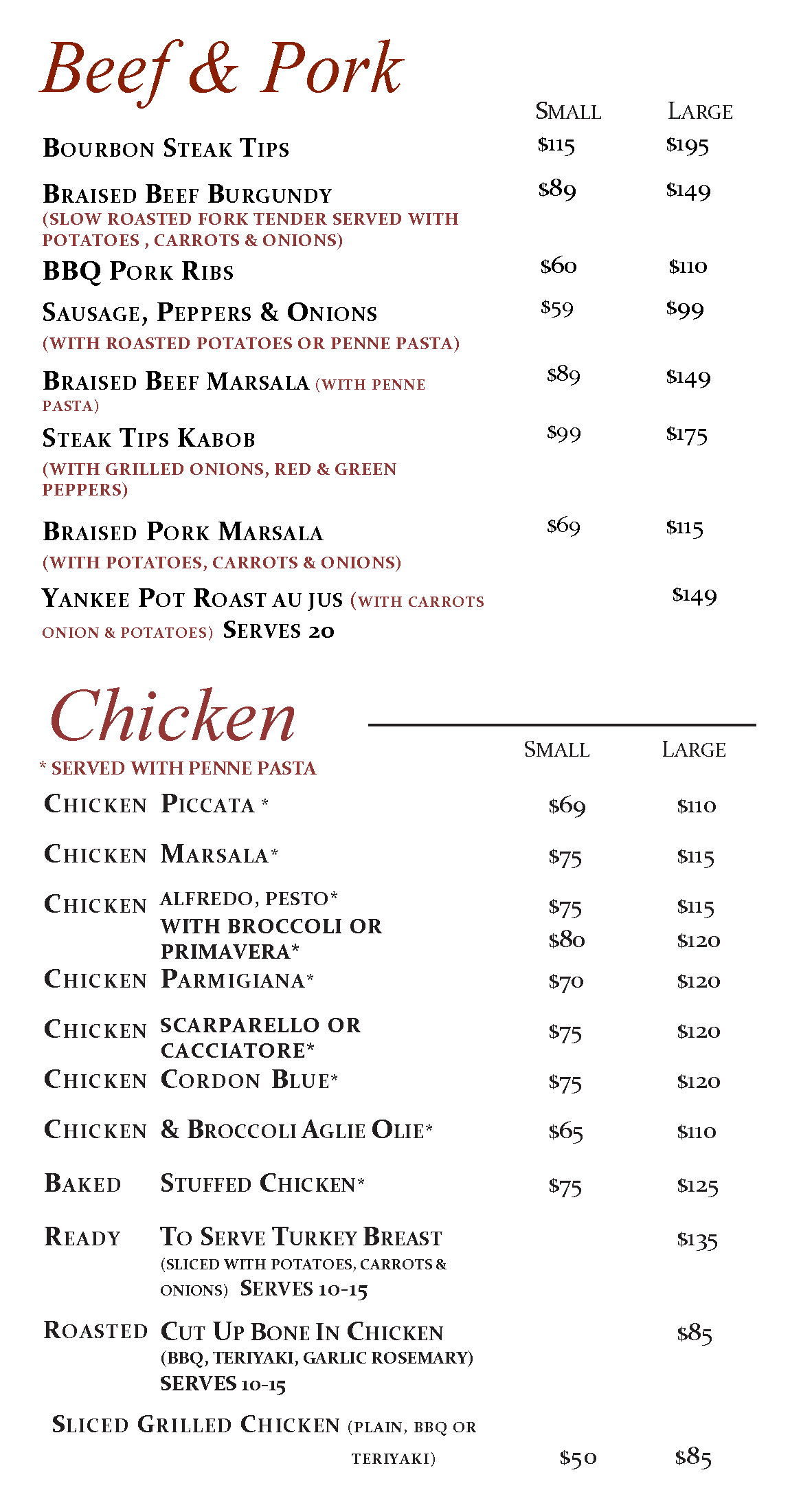 A menu with beef and pork and chicken on it