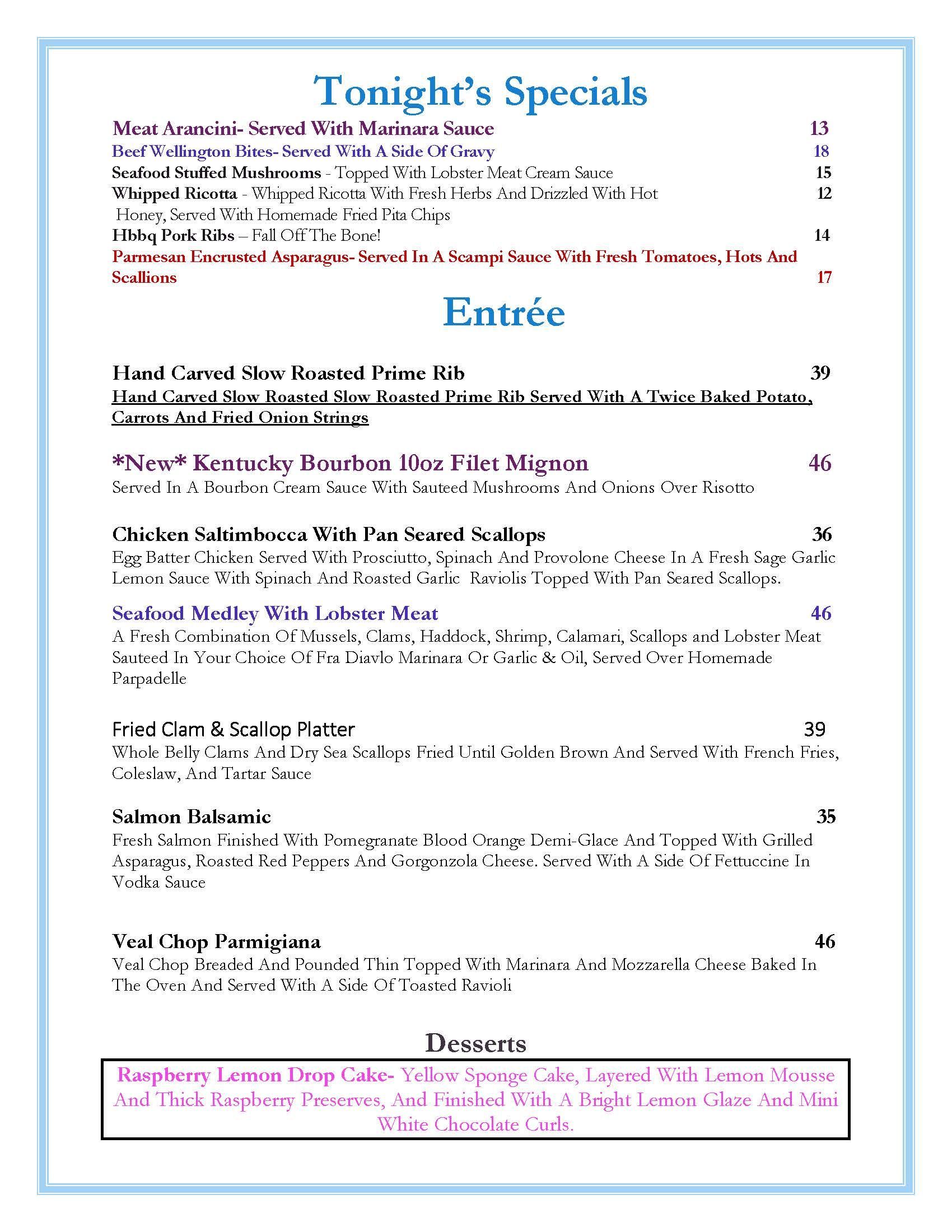 Restaurant specials menu with a blue border and sections for tonight’s specials, entrees, and dessert.