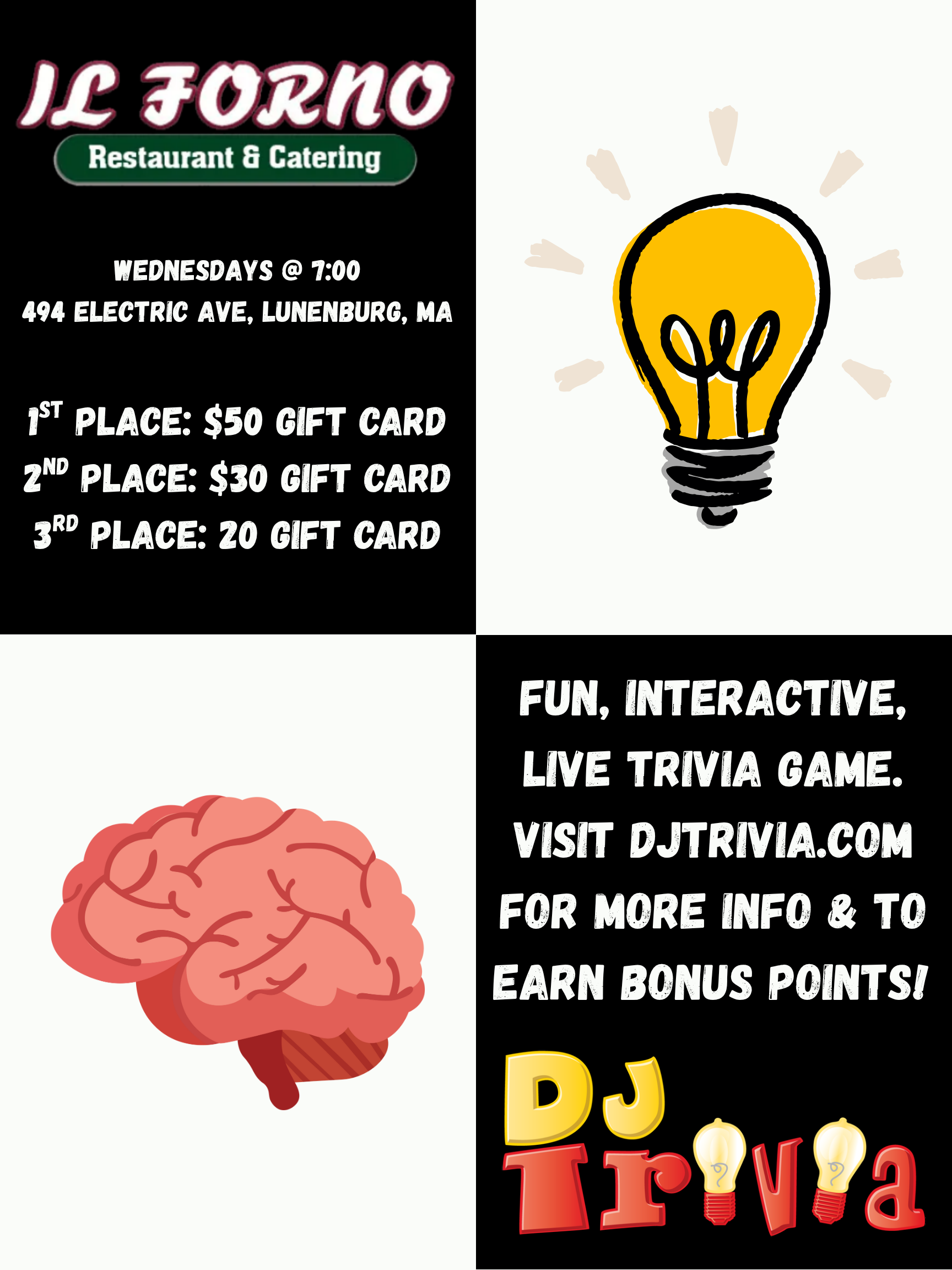 Trivia night advertisement at Il Forno Restaurant in Lunenburg, MA. Prizes, website, and brain/lightbulb illustrations.