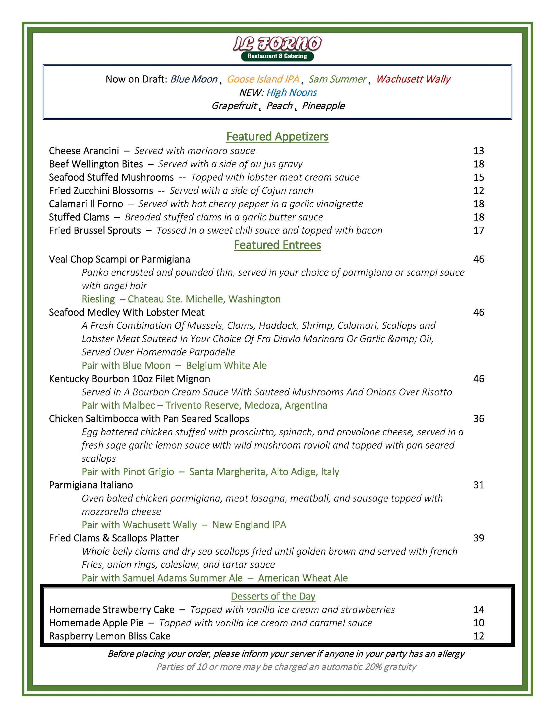 A menu for a restaurant with appetizers and desserts