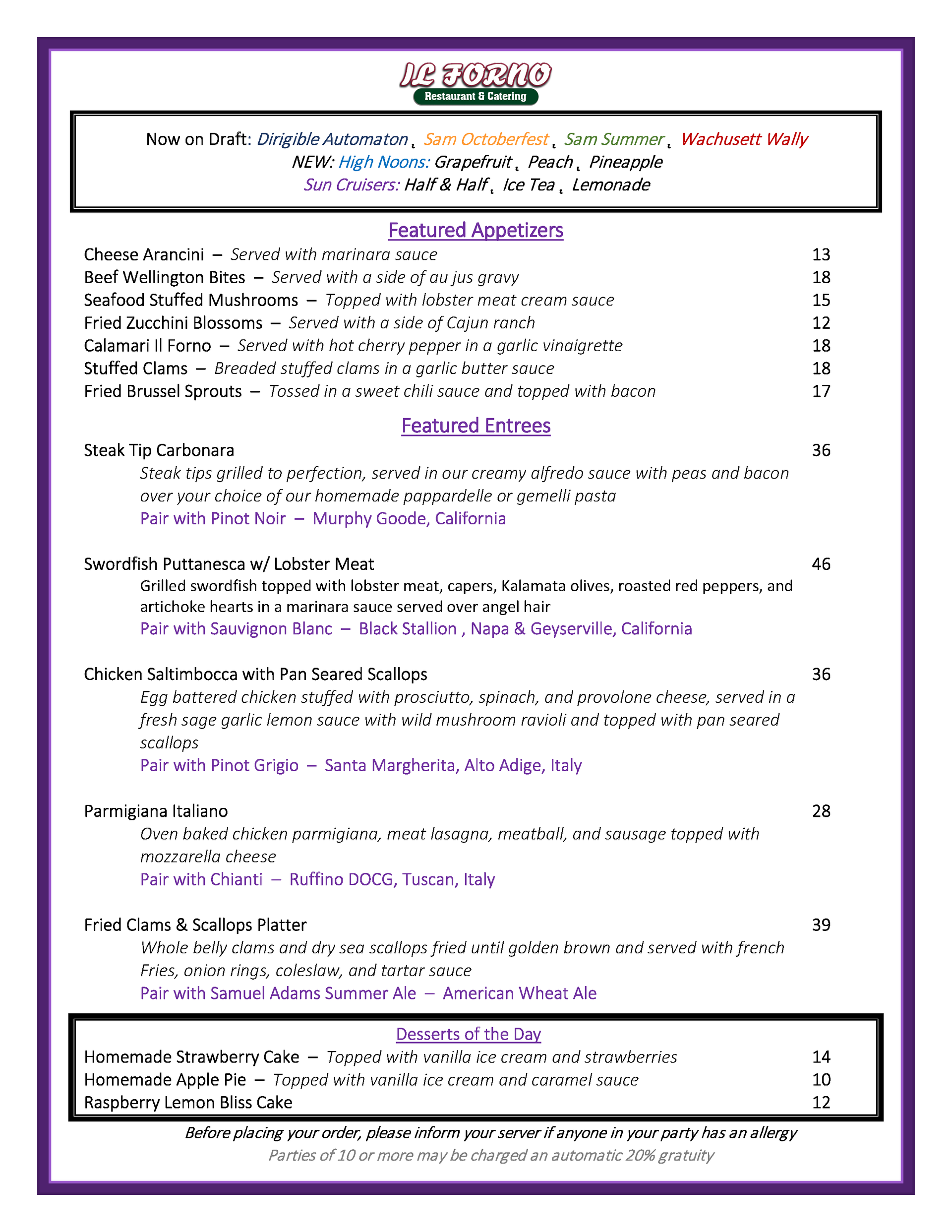 A menu for a restaurant with appetizers and desserts