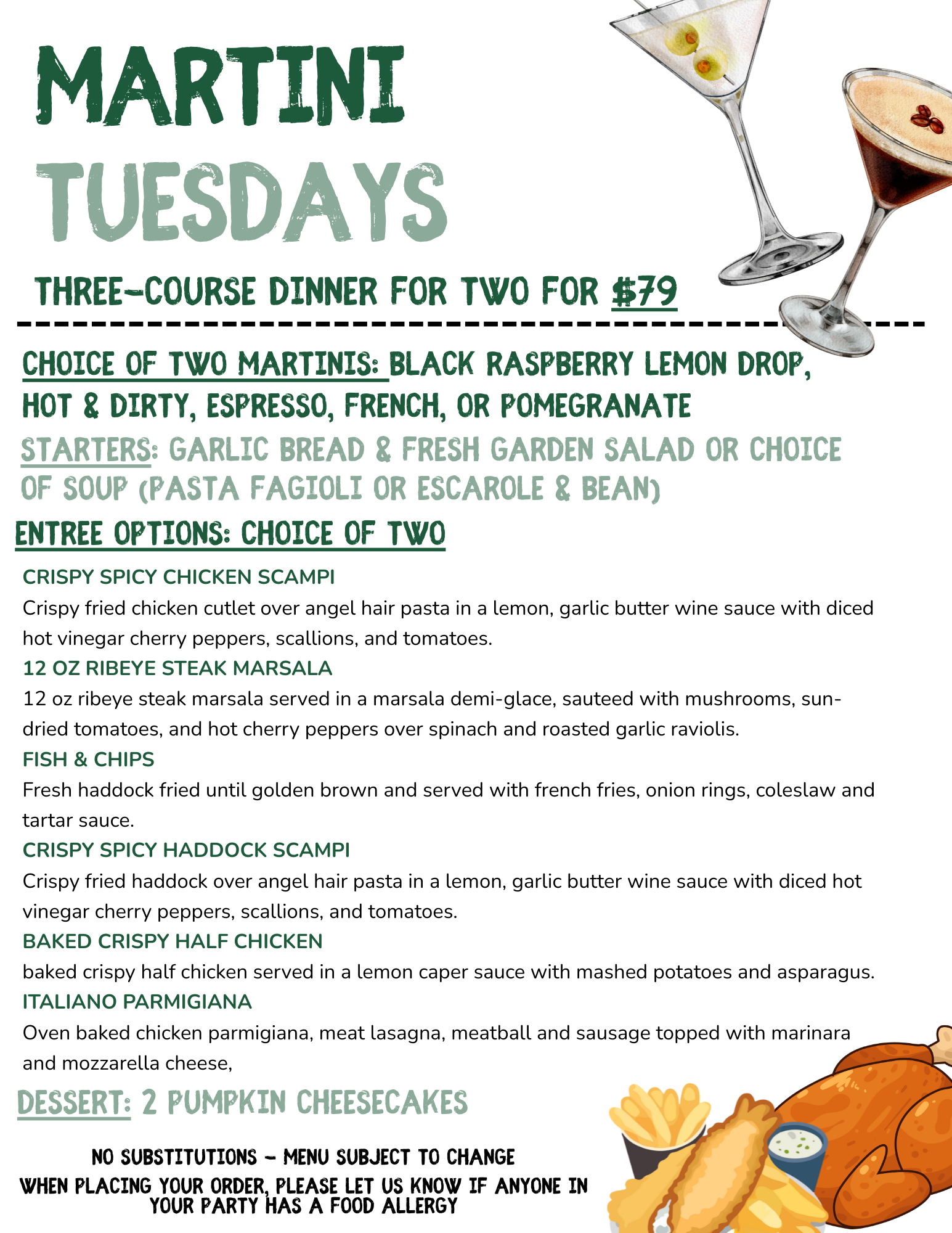 A menu for a restaurant with appetizers and desserts