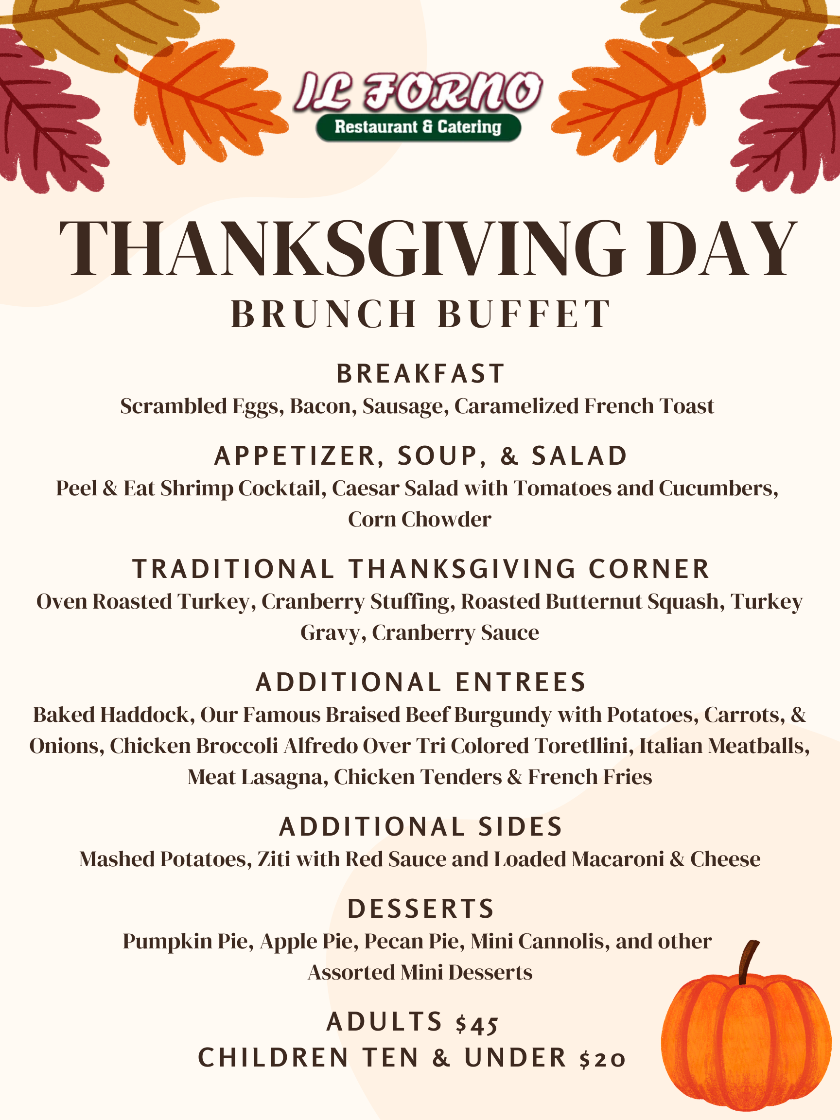 Thanksgiving Day brunch buffet flyer with autumn leaves and pumpkin decorations