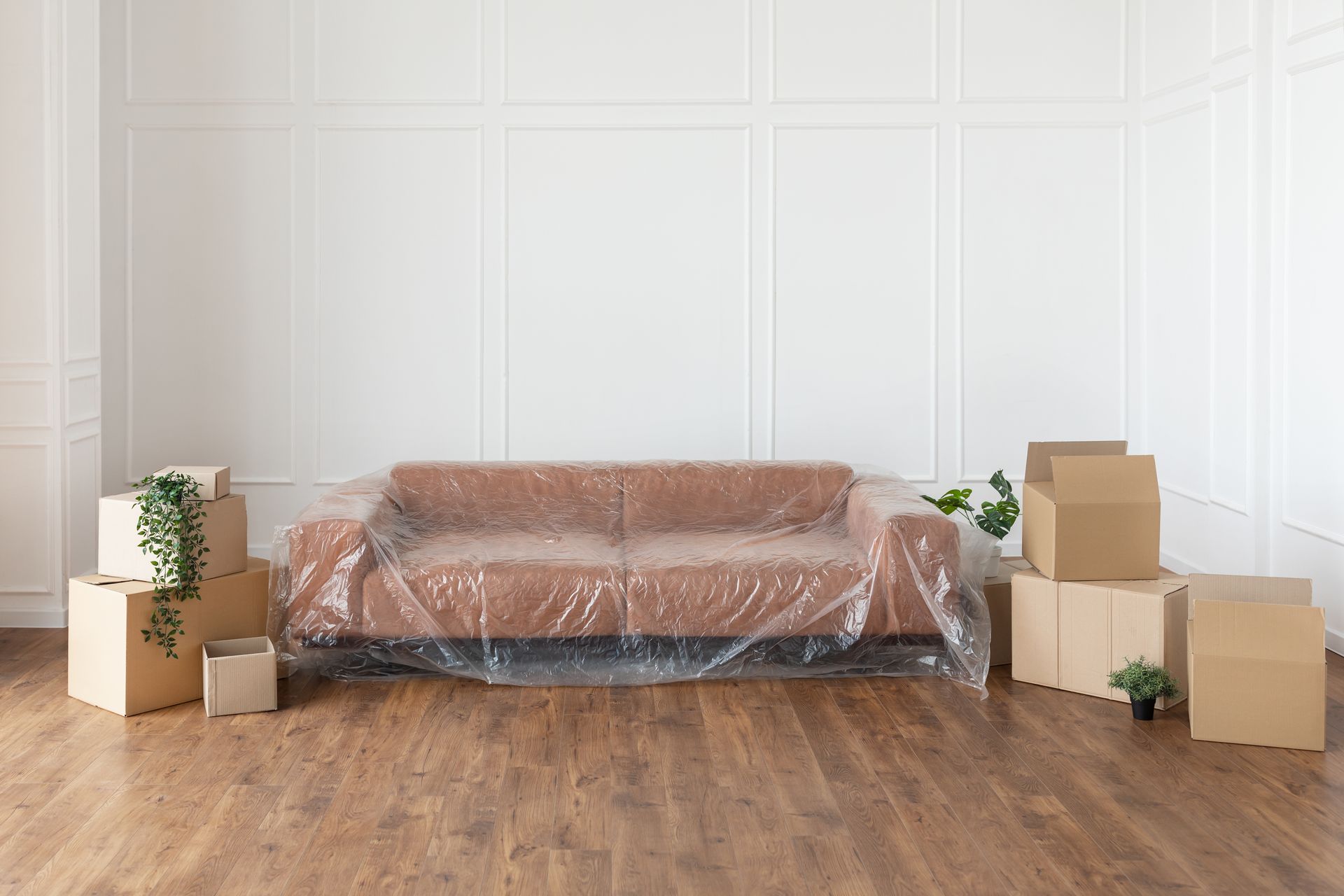 View of a packed sofa and boxes for furniture removal.