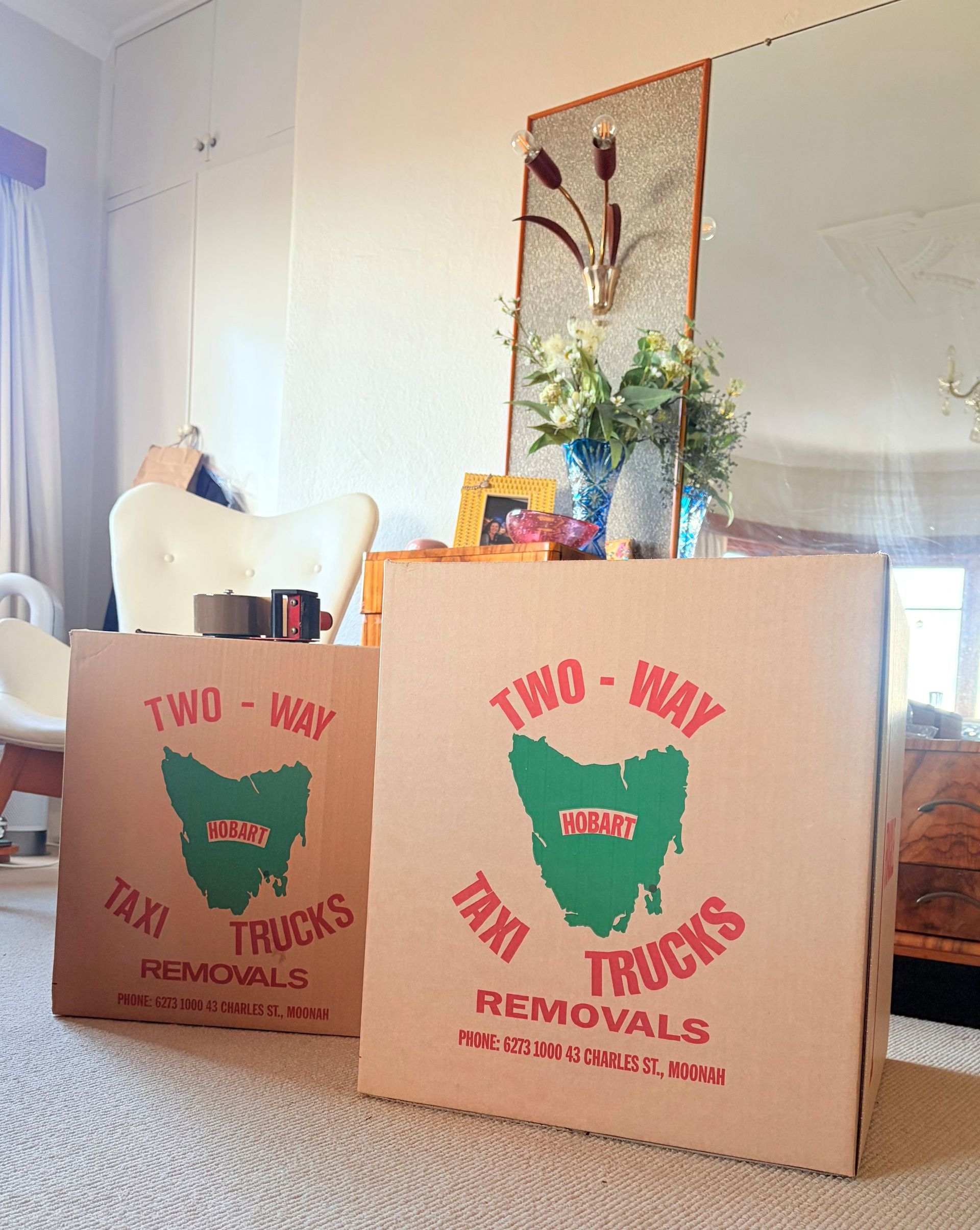 Cardboard moving boxes with “Two-Way Truck Removals” logo in a living room beside a mirror and plant.