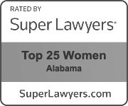 Super Lawyers Top 25 Women Alabama badge, white and gray with text.