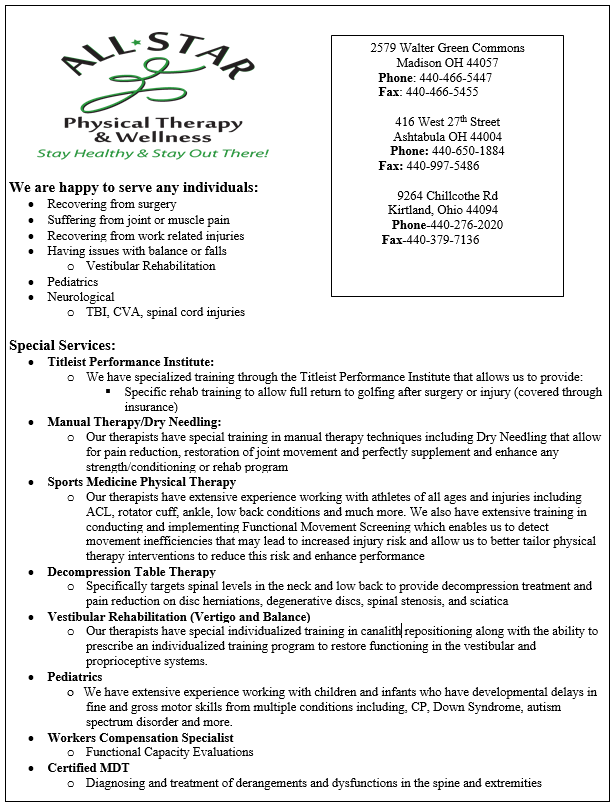 A flyer for all star physical therapy and wellness.