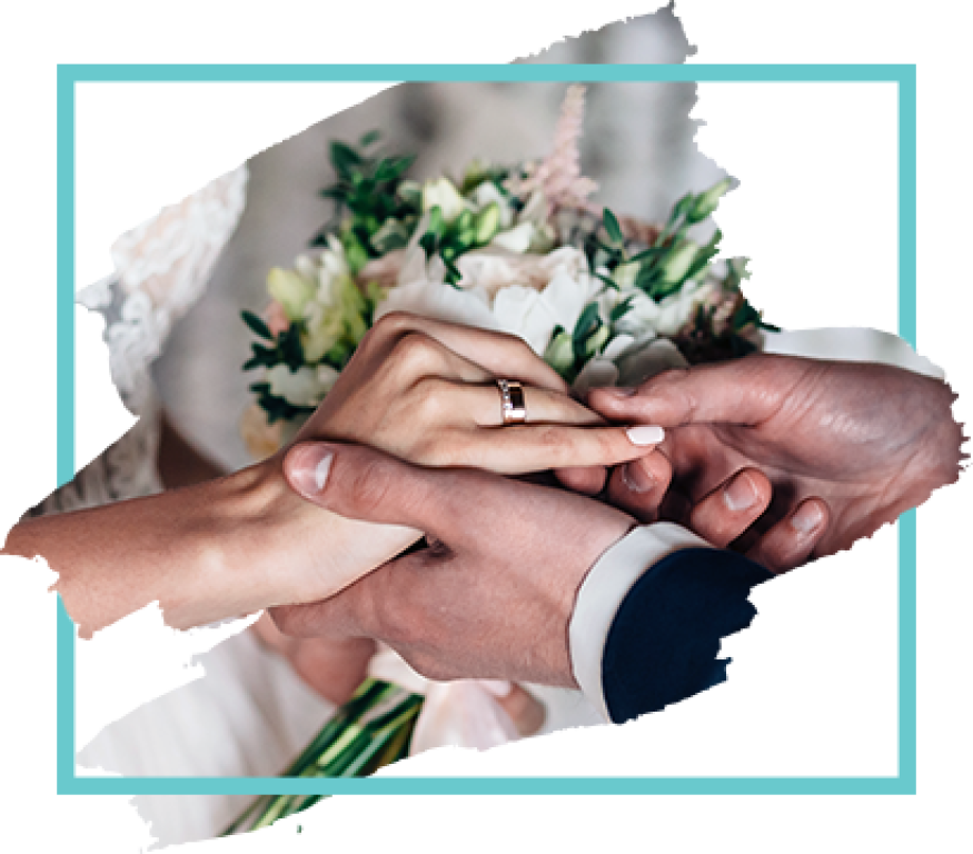 Hands stacked over a bridal bouquet, framed by a teal border.