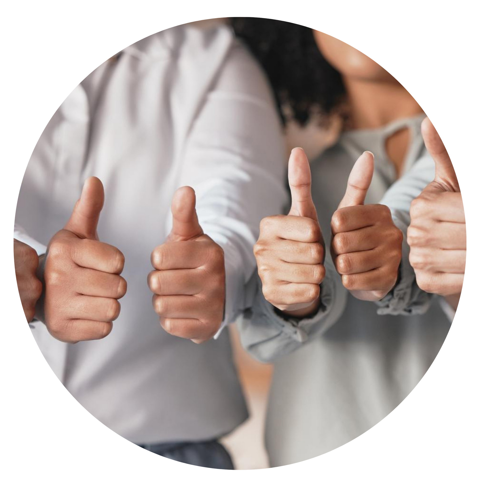 A group of people are giving a thumbs up in a circle.