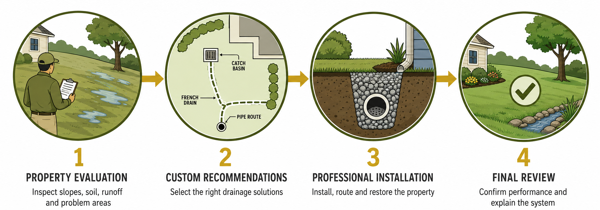Four-panel diagram showing tree planting stages from bare land to mature green tree.