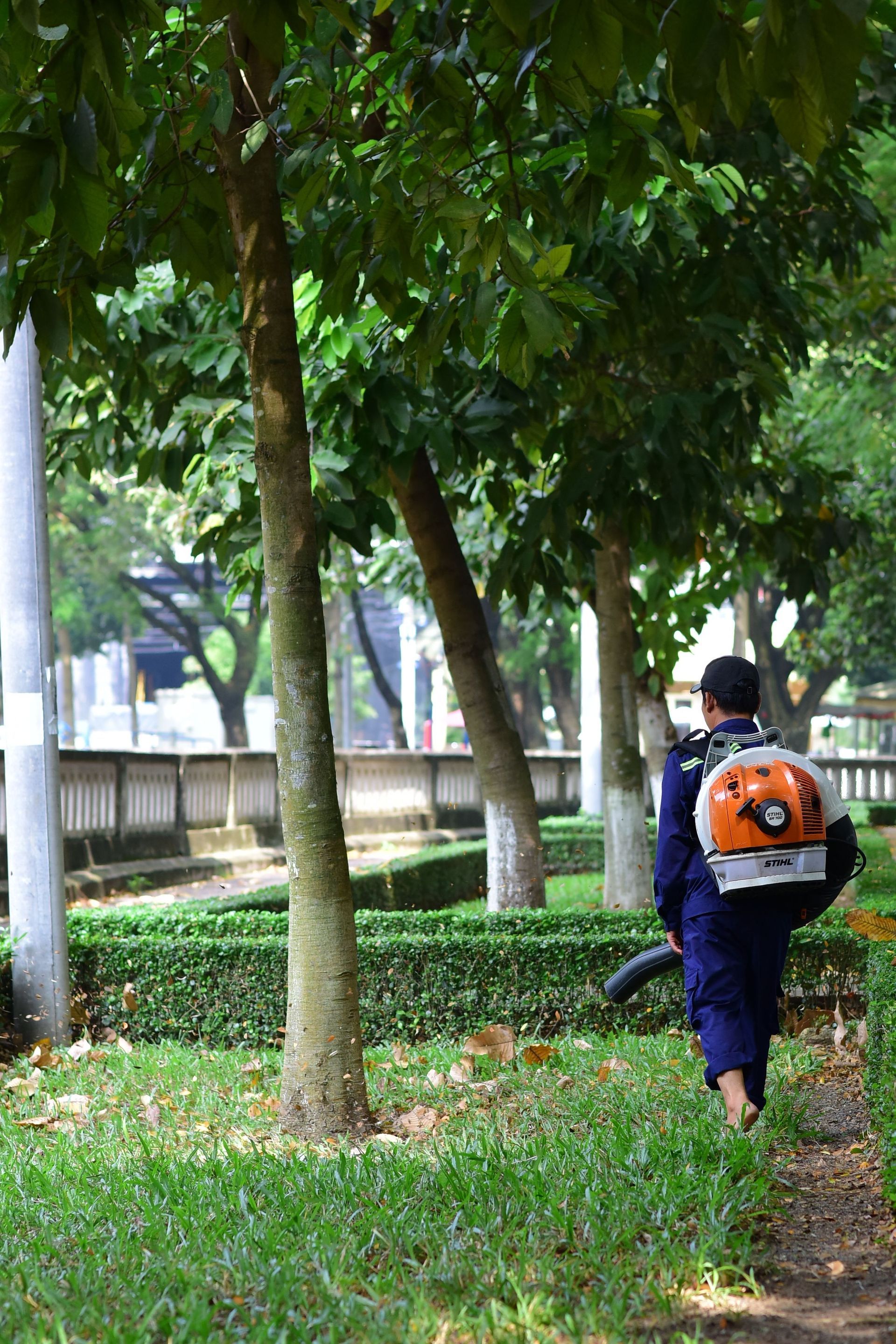 Person with orange backpack walking through a leafy park beside a path