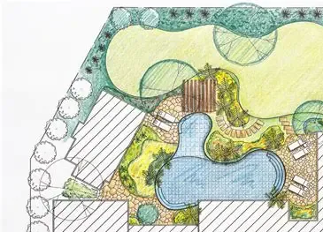 Colorful landscape plan with pond, garden beds, trees, paths, and striped patio areas