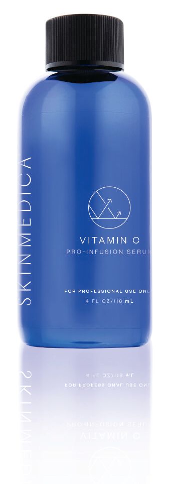 Blue SkinMedica Vitamin C serum bottle with a black cap.