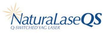 Logo for Naturalase QS Q-Switched YAG Laser. Blue text with a gold burst graphic.