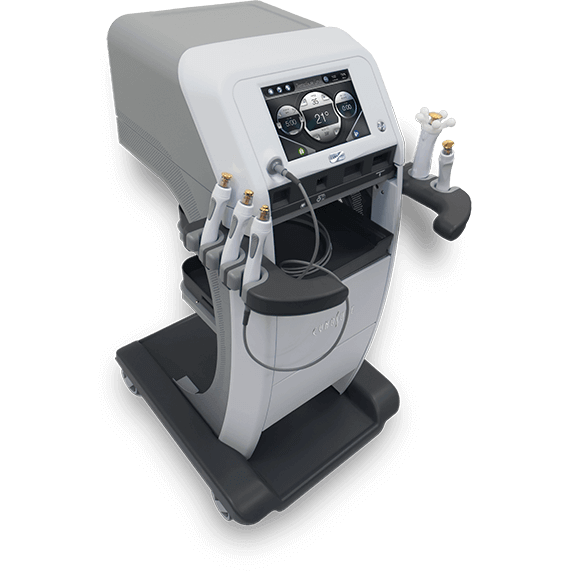 Medical device with touch screen interface and multiple hand-held applicators, on a wheeled base.
