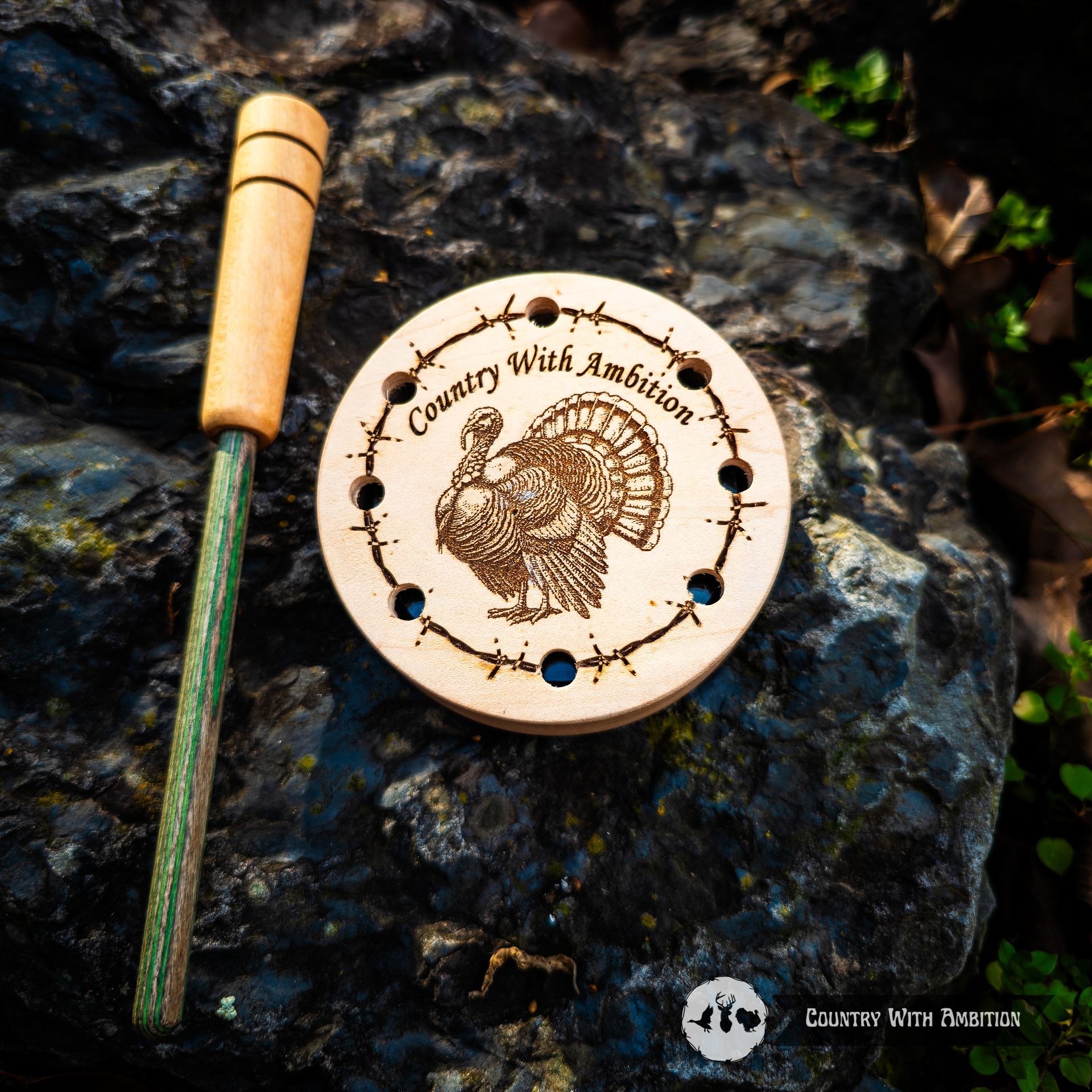 Country With Ambition custom hand turned cherry turkey call on a rock with engraving