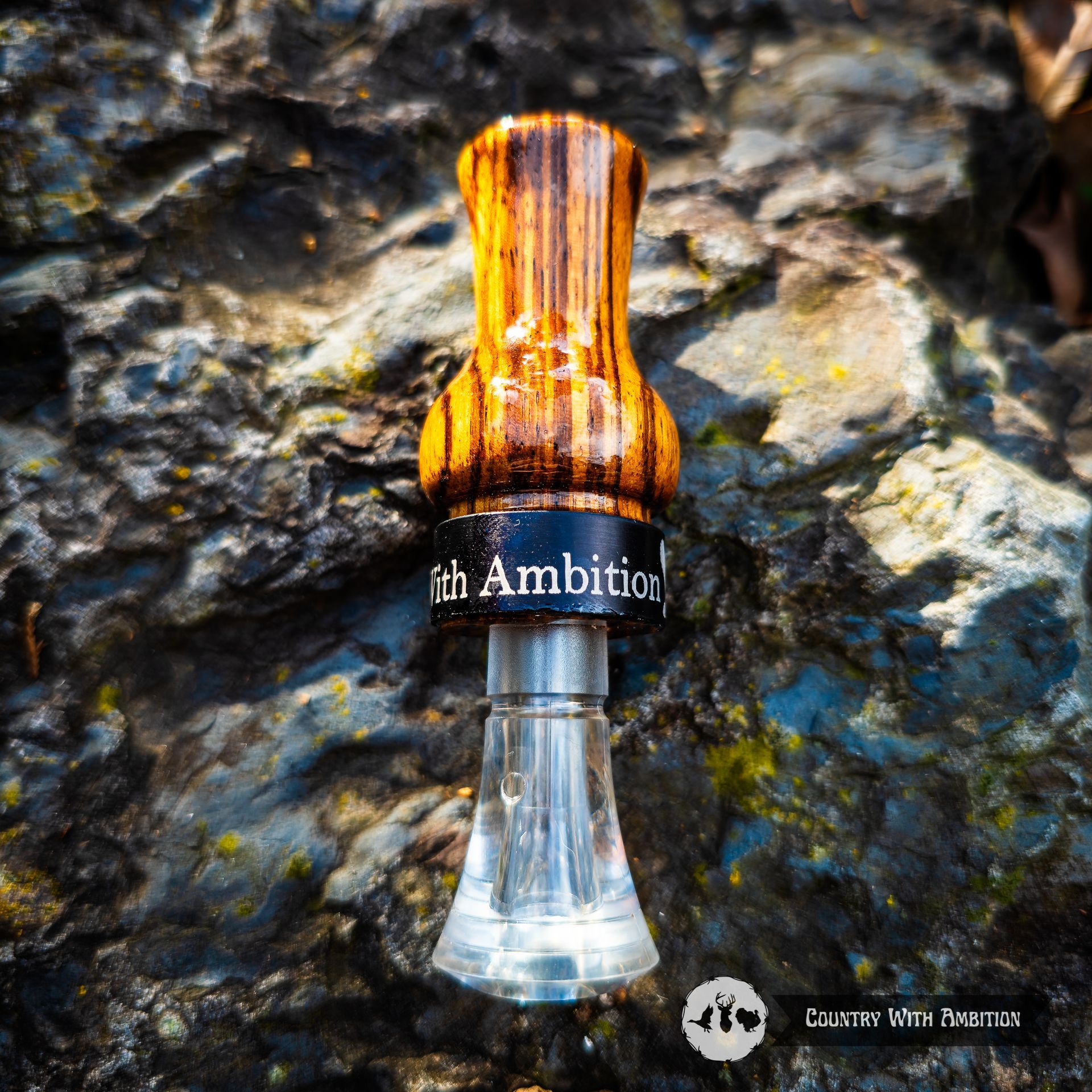 Custom cocobolo hand turned duck call with red Country with Ambition band