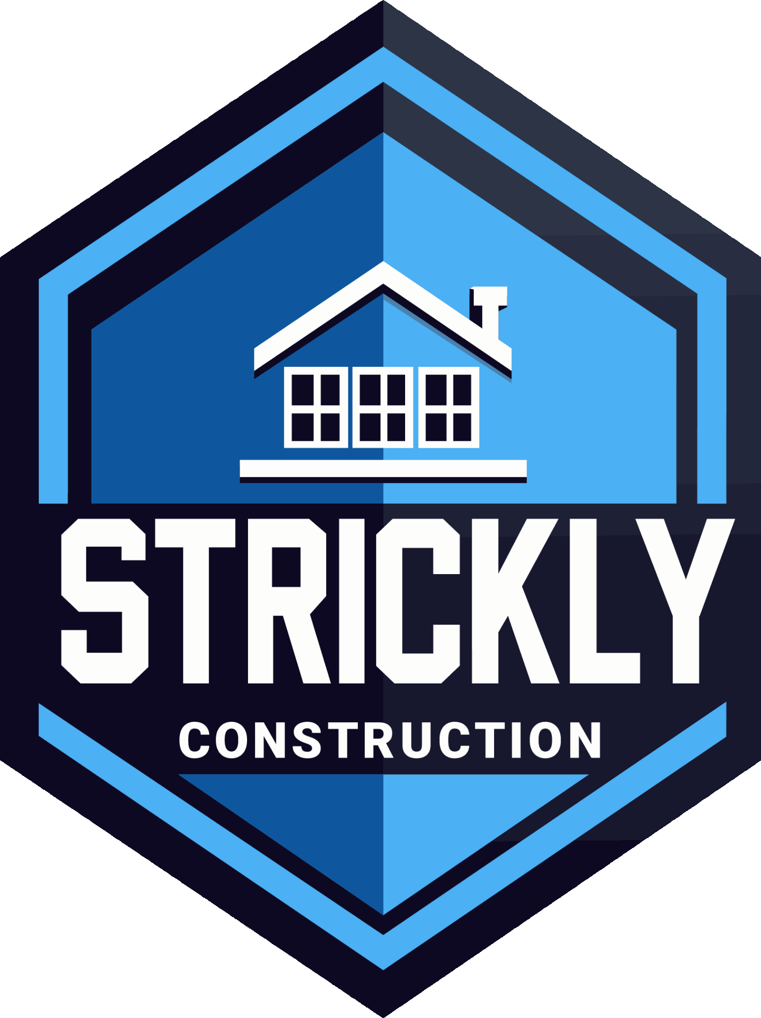 Strictly Construction logo with blue hexagon and house icon