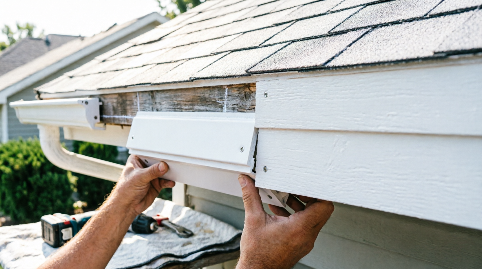 Hands installing a white gutter on a house roof edge during repair work