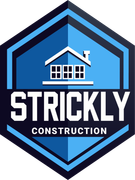 Strictly Construction logo with blue hexagon and house icon