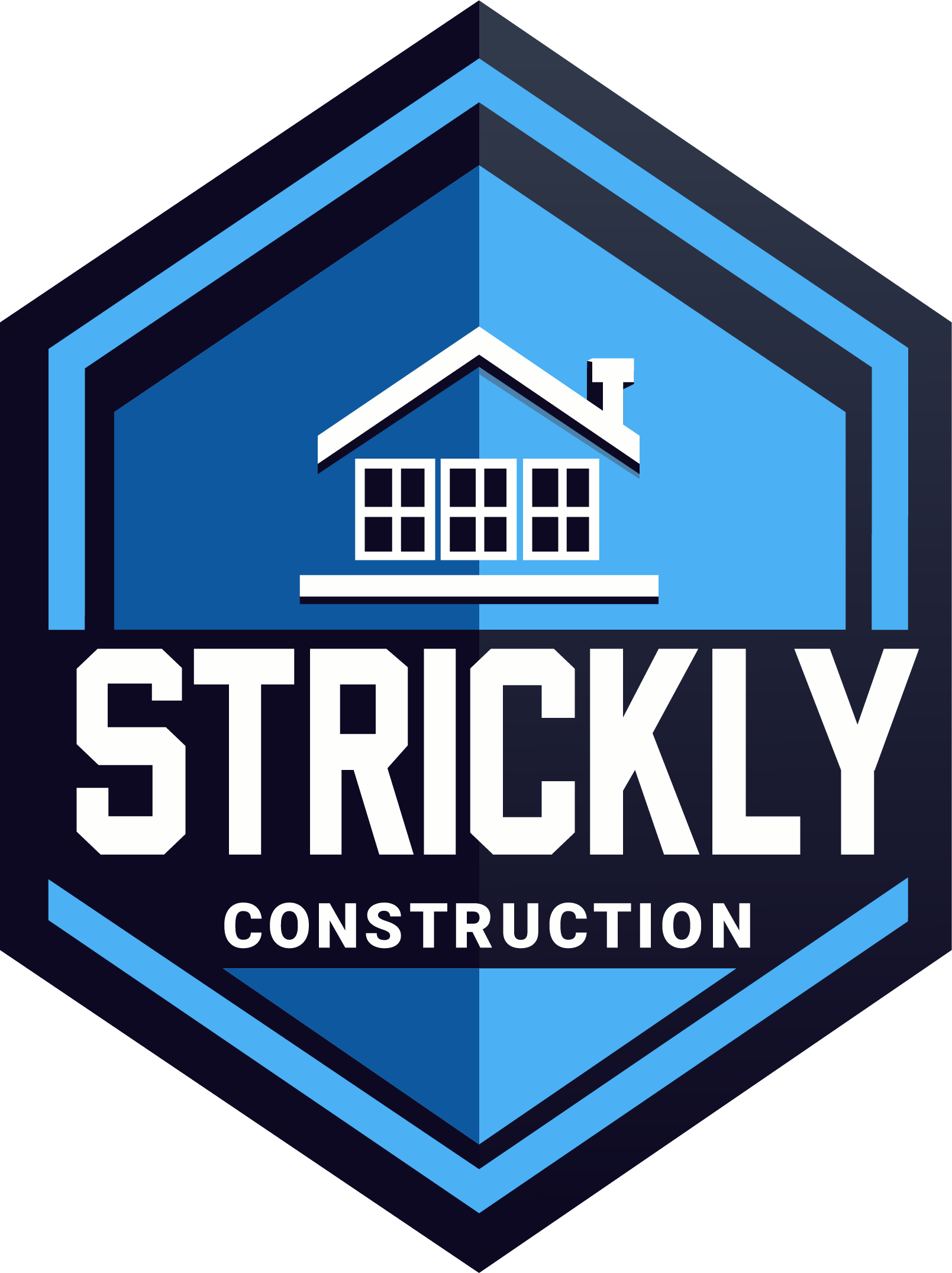 Strictly Construction logo with blue hexagon and house icon