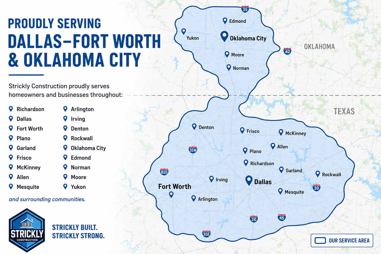 Map showing proud service areas in Dallas-Fort Worth & Oklahoma City for Strickland Brothers 10 Minute Oil Change.