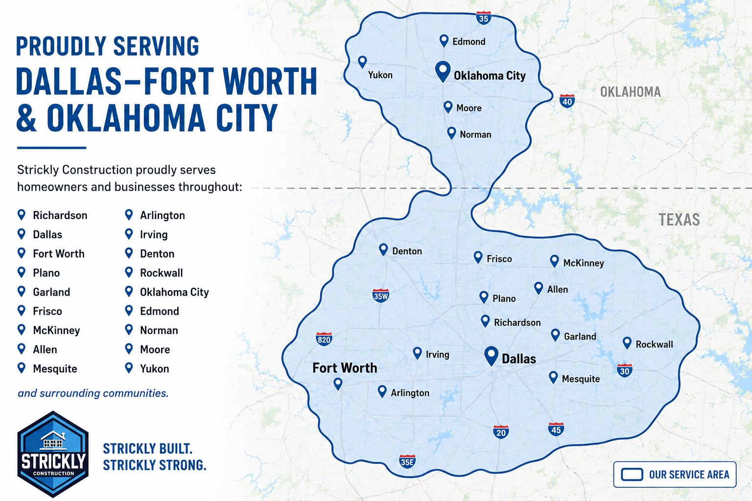 Map of Dallas–Fort Worth and Oklahoma City service area with locations marked in blue.