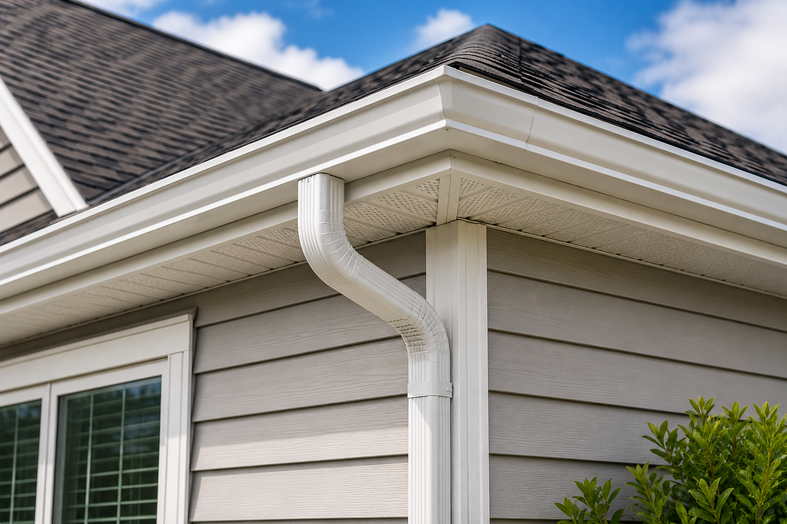 White gutter and downspout on beige house exterior with dark shingled roof