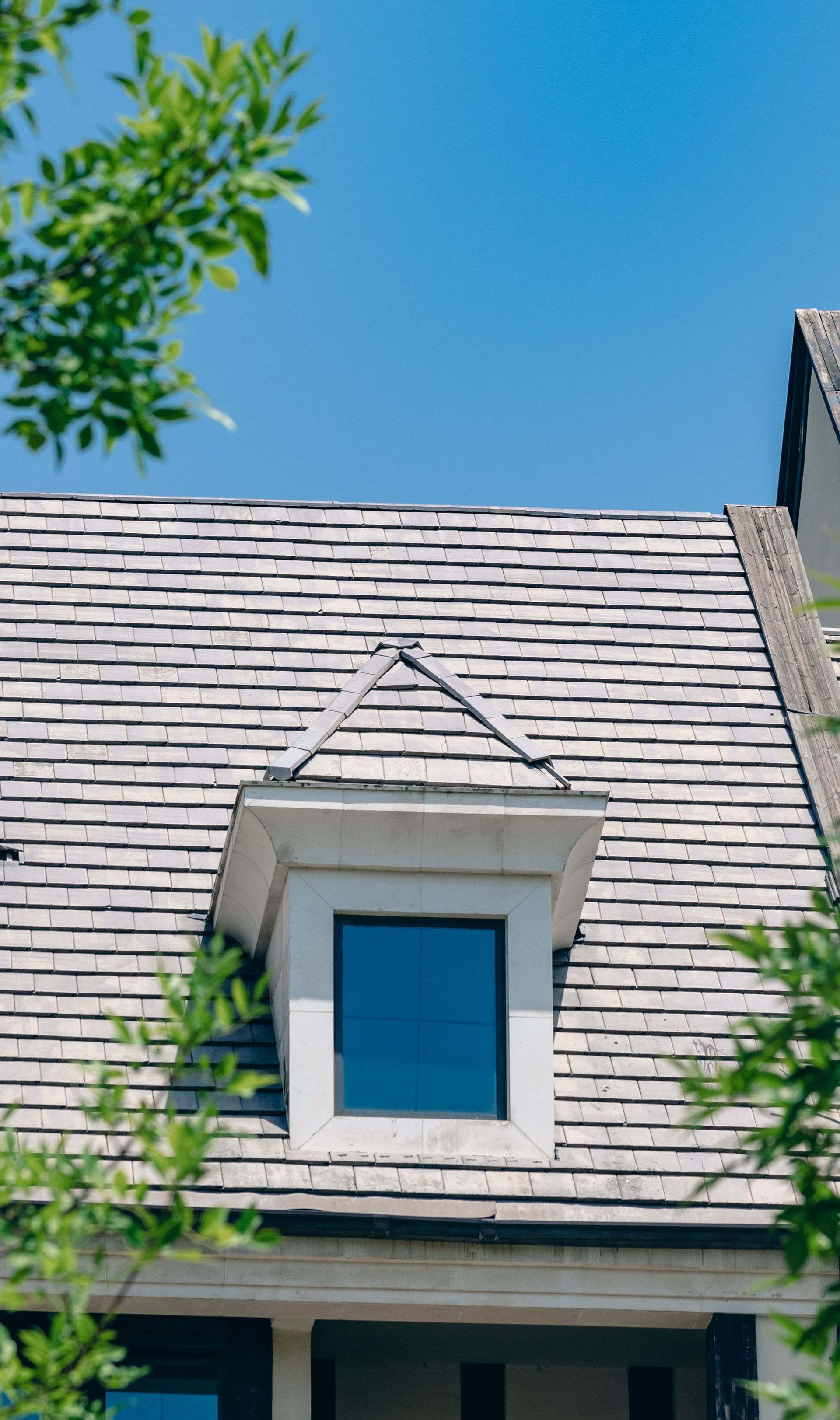 Blue window dormer on a gray shingled house roof under a clear blue sky, with tree leaves in the corner