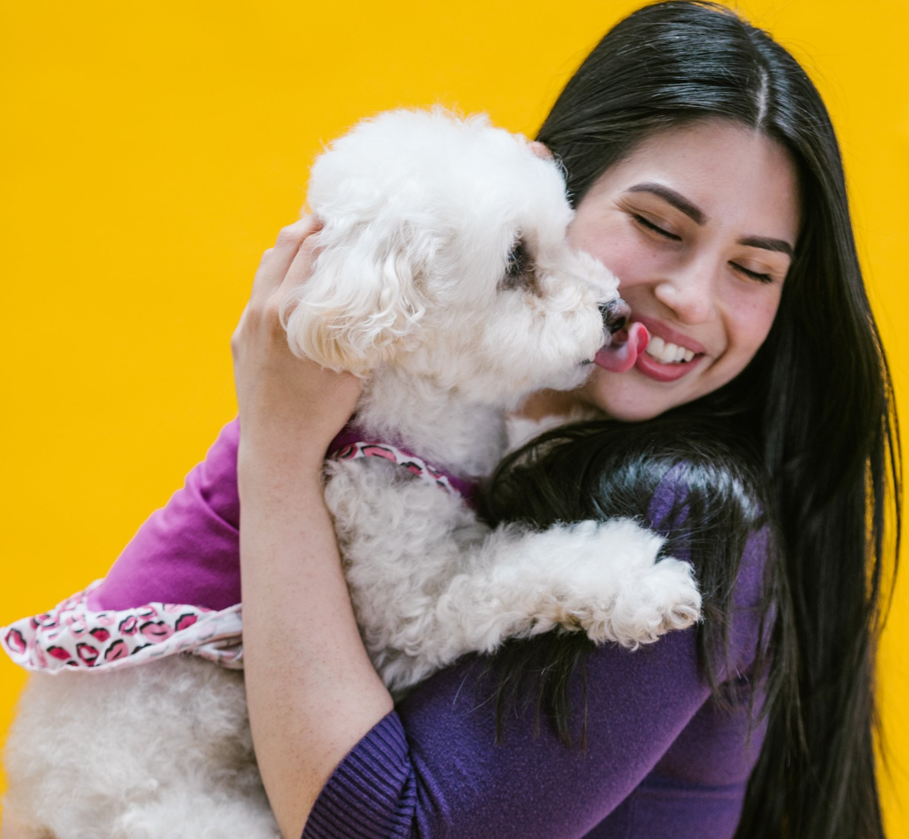 Girl holding a dog in her arms, smiling and happy!