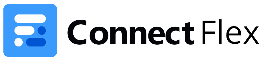 O logotipo da connect flex é um quadrado azul com as palavras connect flex escritas nele.