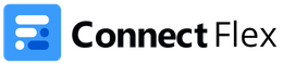 O logotipo da connect flex é um quadrado azul com as palavras connect flex escritas nele.