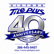 Victor's Tile Plus 40th anniversary logo with blue ribbon, phone number, and website
