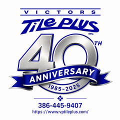 Victor’s Tile Plus 40th anniversary logo in blue and silver with phone number and website