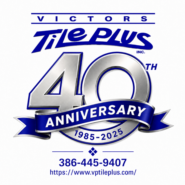 Victor's Tile Plus 40th anniversary logo with blue ribbon, phone number, and website