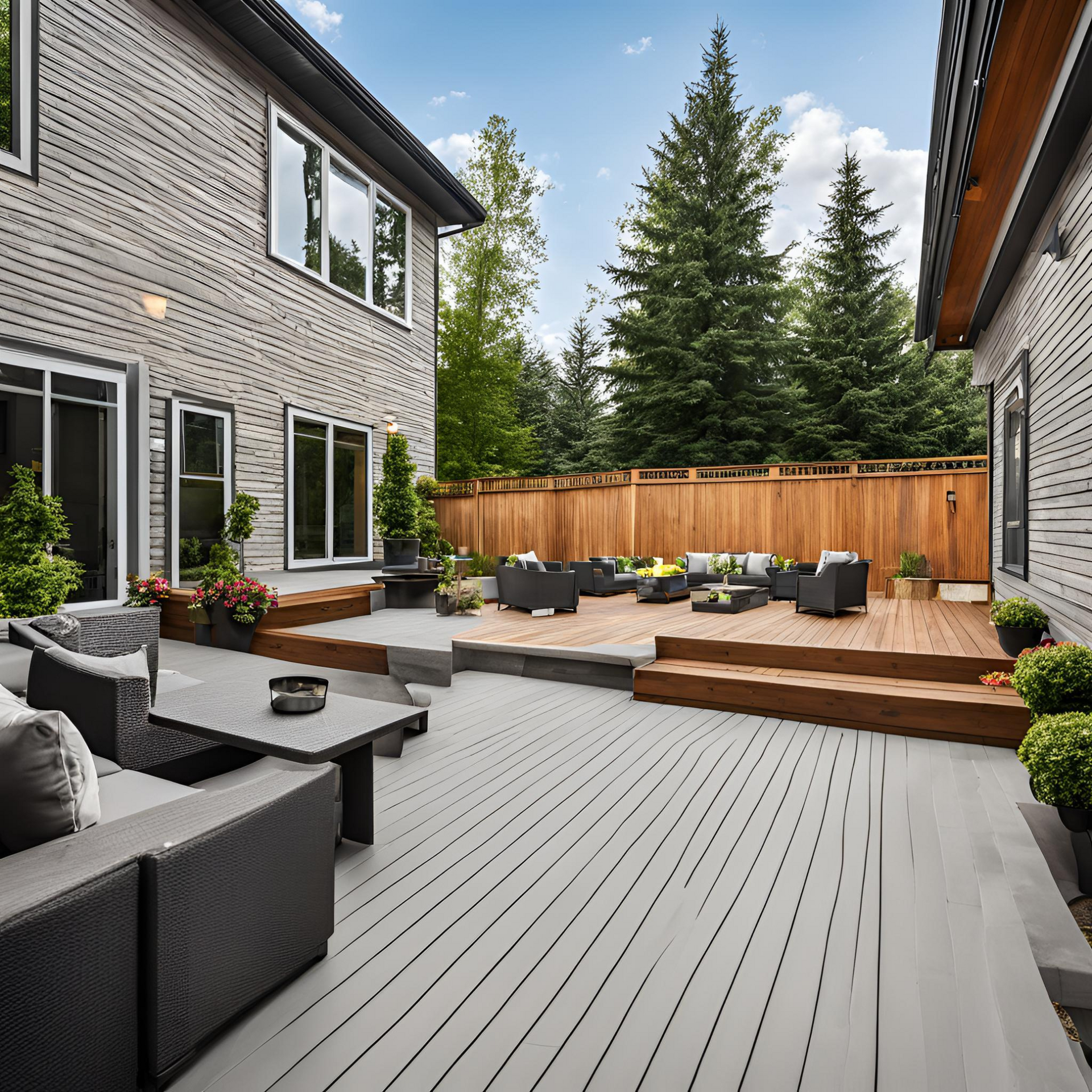 Un grand patio avec une terrasse en bois et une maison en brique en arrière-plan.