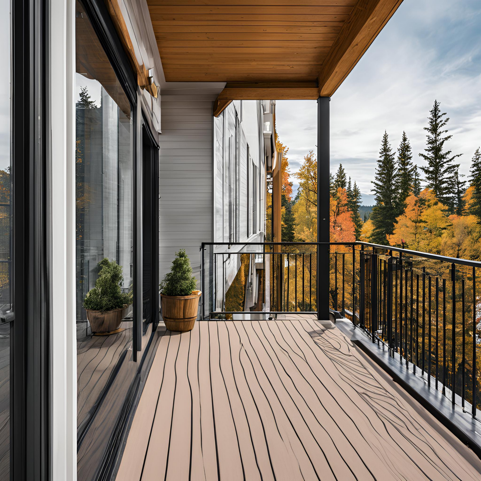 Un balcon avec vue sur une forêt et des arbres