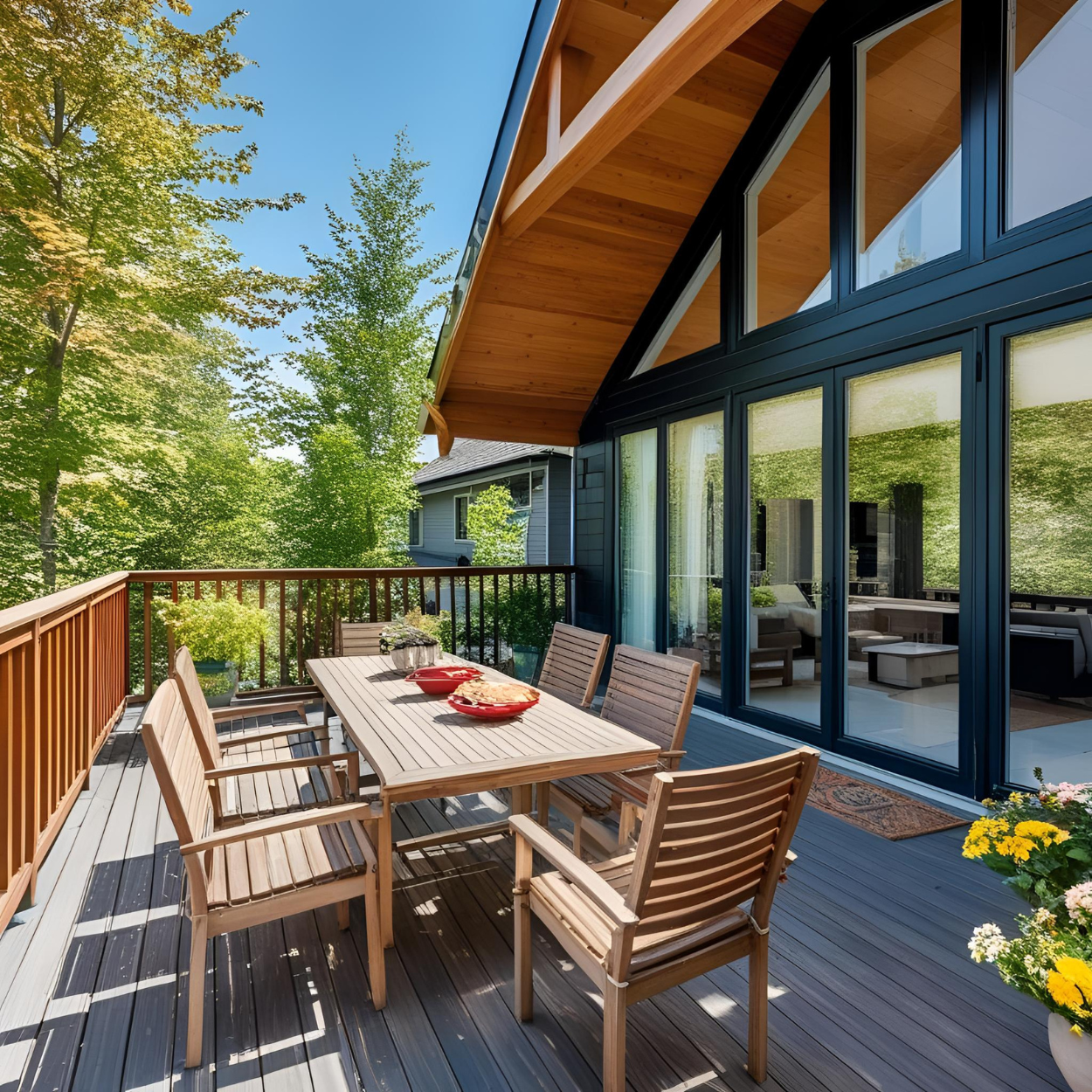 Une grande terrasse avec une table et des chaises dessus
