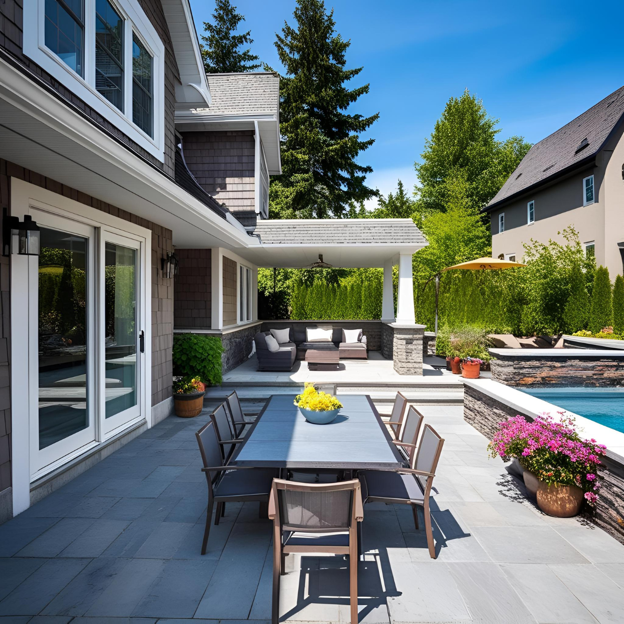 Un patio avec une table et des chaises à côté d'une piscine