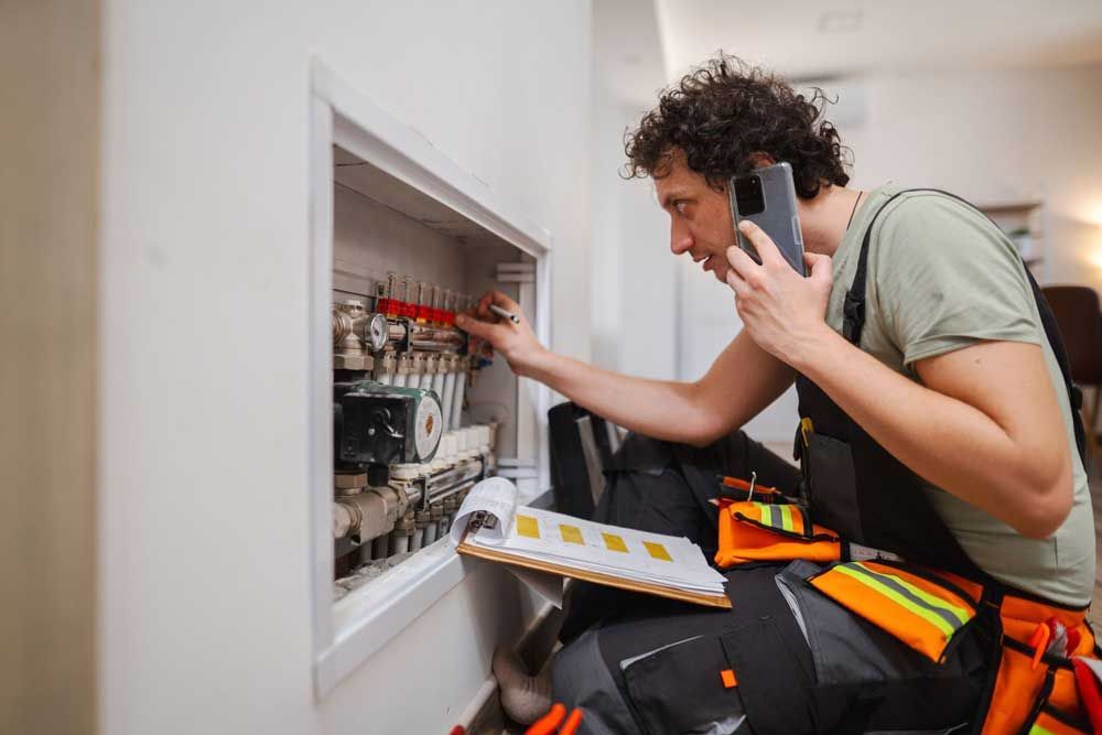 A man is talking on a cell phone while working on a heating system.