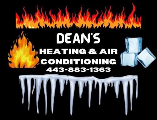Dean's Heating & Air Conditioning logo: Flames, ice cubes, and icicles, with company name and phone number.