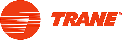 Trane logo: Orange circle with stylized letter "T" and horizontal lines, followed by the word "TRANE" in orange.